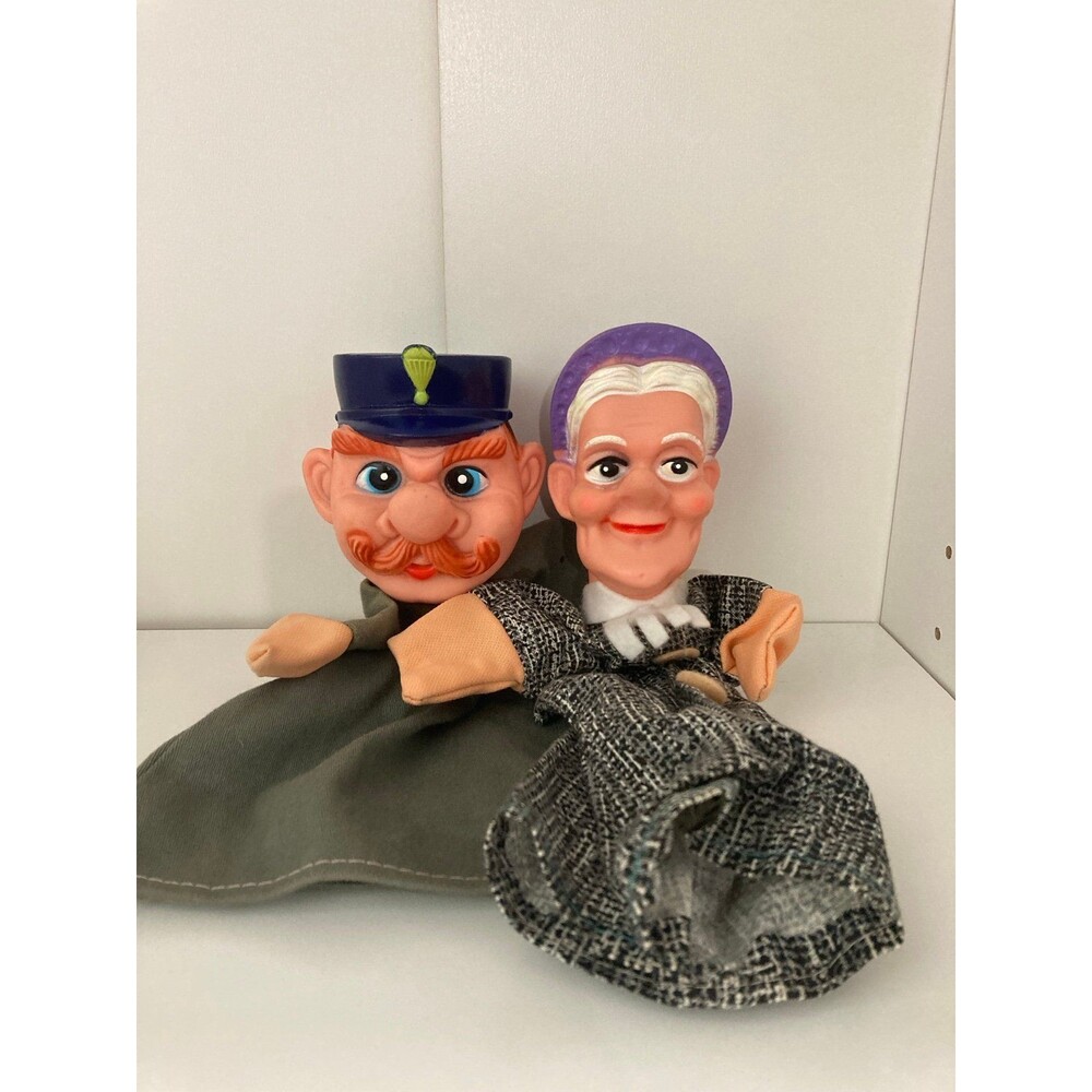 Vintage Hand Puppet Old Lady Grandmother Rubber  Head and police man hand puppet